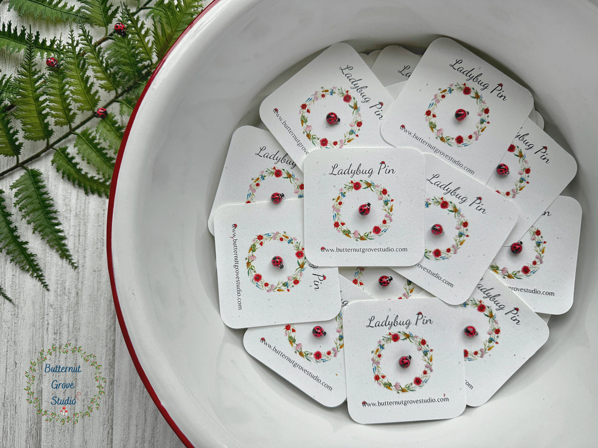 Several small white jewelry cards labeled 'Ladybug Pin' with tiny ladybug pins, arranged inside a white enamel bowl with a red rim. Green fern leaves and a light wood surface are visible around the bowl.