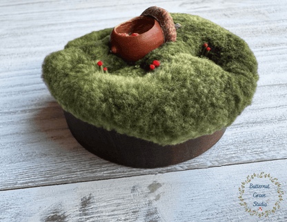 One-of-a-kind 3-inch micro-embroidery featuring a hand-carved acorn surrounded by embroidered moss, British soldier and fairy cup lichens, and tiny woodland details, framed in warm handmade walnut wood frame.